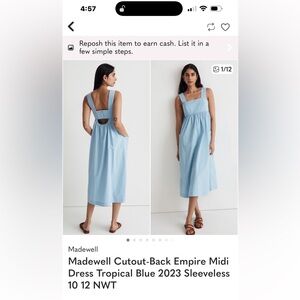 Madewell Cutout-Back Empire Midi Dress Tropical Blue 2023 Sleeveless 12